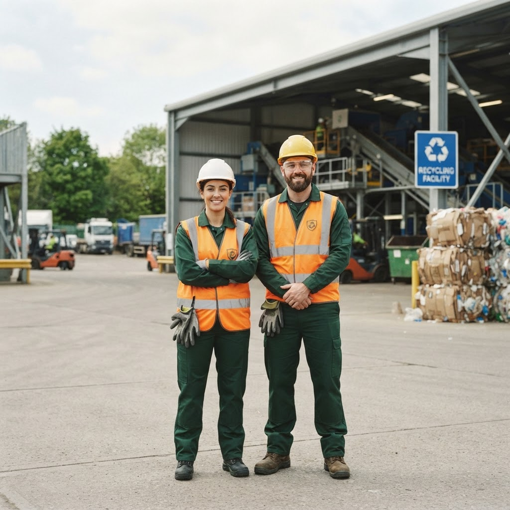 Waste management professionals in green uniforms outside a modern recycling facility