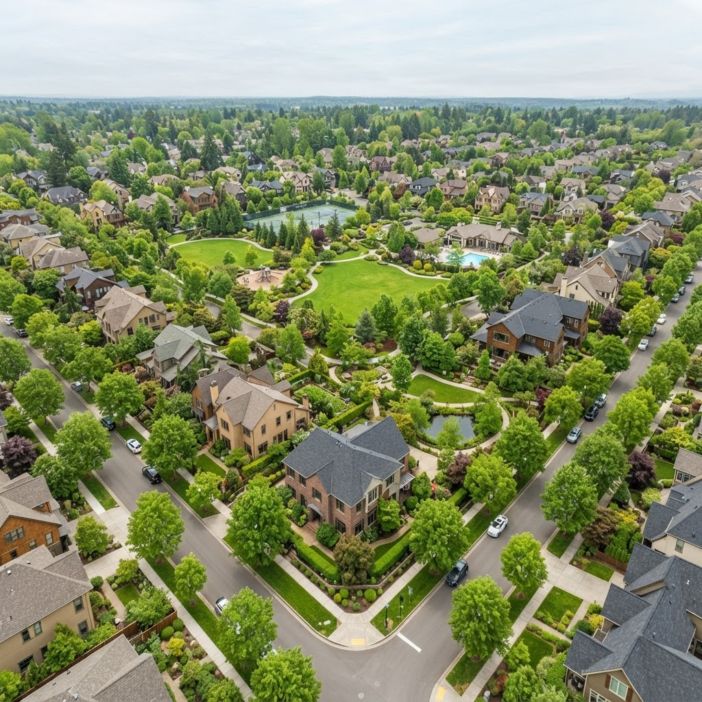 Aerial view of a green residential community with tree-lined streets and clean shared spaces